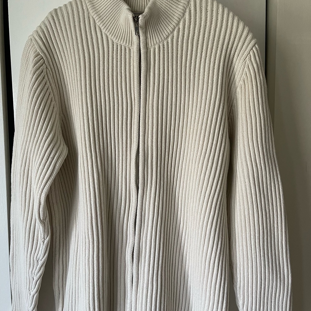 L.L. Bean Cream Ribbed Cotton Zip Sweater